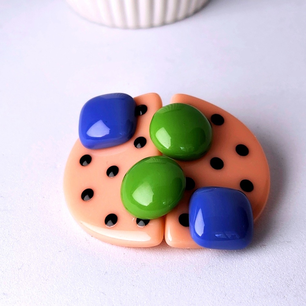 Vintage Style Geometric Polka Dot Resin Post Earrings Blue Green Peach 1.25"